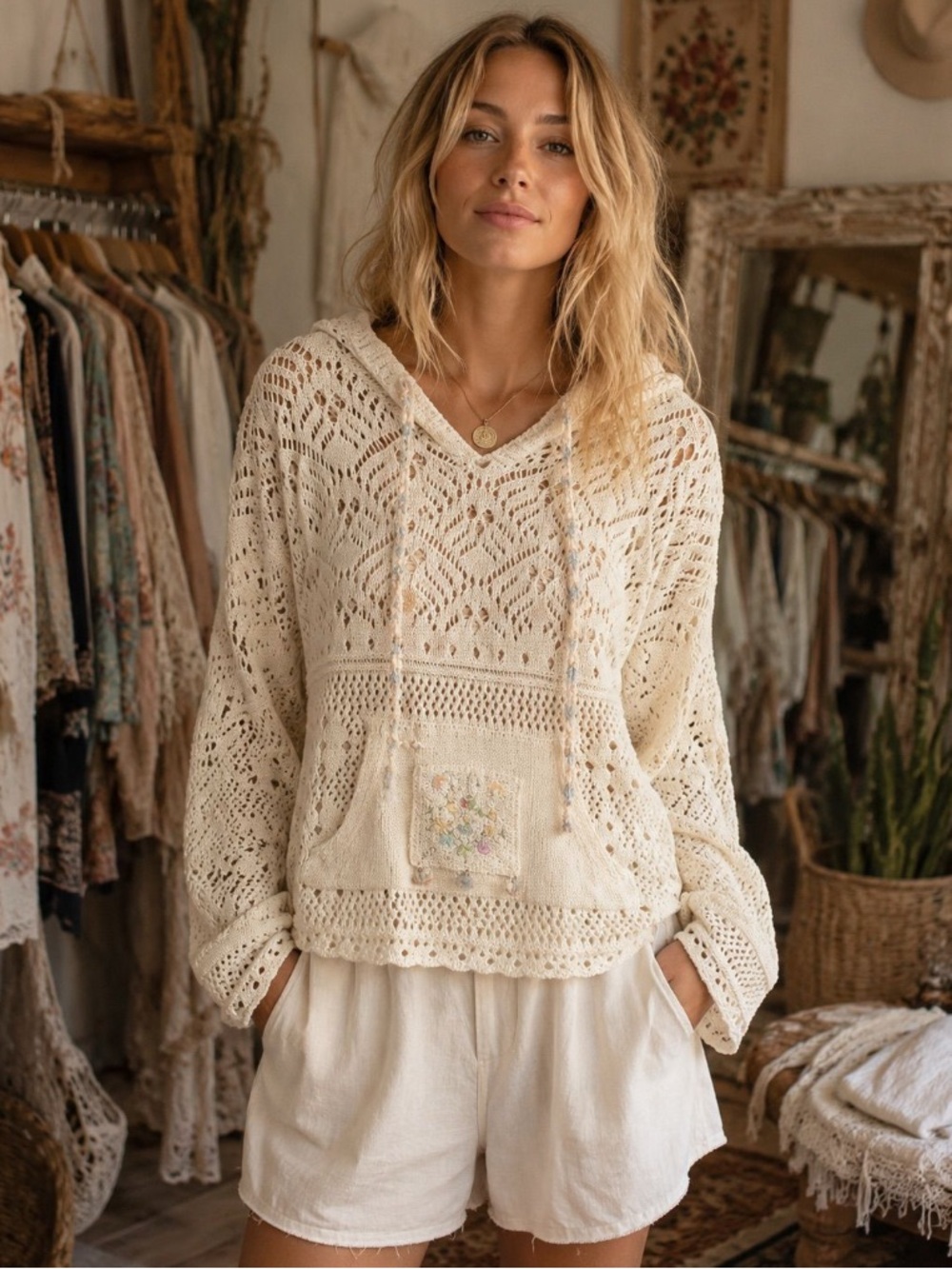 POL Cream Crochet Knit Hoodie Sweater with Shell Embellishments